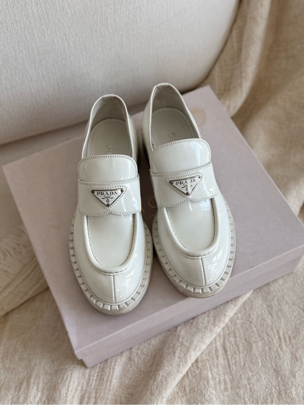 PRADA Chunky White Monolith Triangle Leather Loafers 37 EU 7 US - Picture 2 of 14
